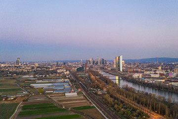 Aerial picture of Frankfurt skyline and European Central Bank building during sunrise in morning twilight