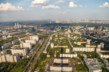 Bird's eye view of Moscow. View from the viewing restaurant of the Ostankino TV tower.