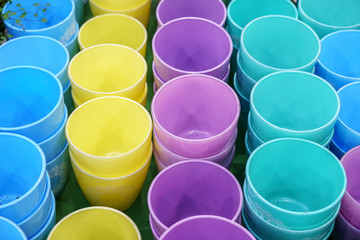 Colorful plastic flower pots stand in a row