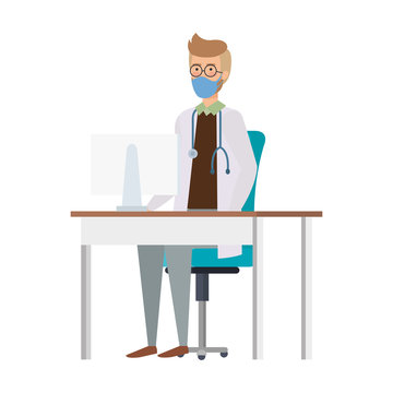 doctor male with face mask in desk isolated icon vector illustration design