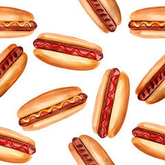 Watercolor illustration of hot dog wiener in pastry bun with ketchup and mustard pattern set isolated on white background
