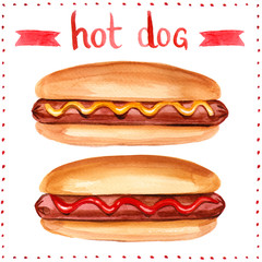 Watercolor illustration of hot dog with ketchup and mustard set with hand lettering