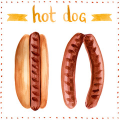 Watercolor illustration of hot dog set with yellow hand lettering and ribbons