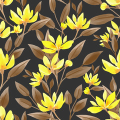 Seamless pattern with cute yellow flower branches with leaves in watercolor style on black background.