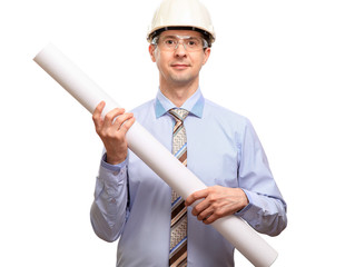 a lucky engineer wearing a construction helmet, glasses, shirt, tie, holding rolled-up drawings.  Looking into the cell, isolated