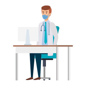 doctor male with face mask in desk isolated icon vector illustration design