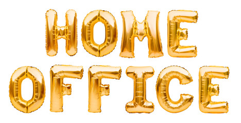 Words HOME OFFICE made of golden inflatable balloons. Quarantine, protection from Coronavirus or Covid-19 epidemic, social media campaign for coronavirus prevention © Magryt