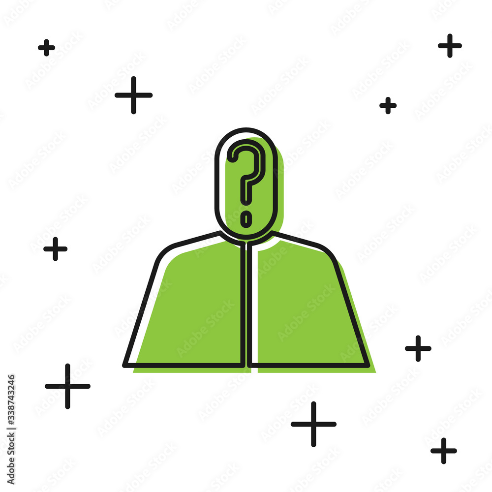 Poster black anonymous man with question mark icon isolated on white background. unknown user, incognito pr