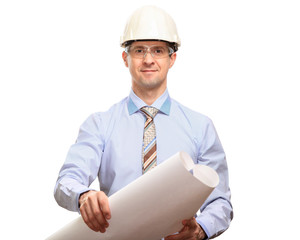 a satisfied engineer wearing a construction helmet, glasses, shirt, tie, opened the drawings, looks at the camera. Looking away, isolated