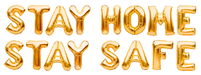 Words STAY HOME STAY SAFE made of golden inflatable balloons. Quarantine, protection from Coronavirus or Covid-19 epidemic, social media campaign for coronavirus prevention © Magryt