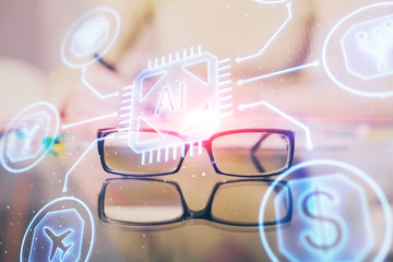 Double exposure of writing hand on background with data solution technology hologram. Ai concept.