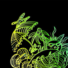 Island with coconut palm trees. Sun umbrella and life buoy. Sun in glasses and starfish in the sea. Fruit cocktail on the beach. Freehand sketch. Cartoon, bright outline on black background.