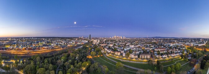 Fototapeta premium Aerial picture of Frankfurt skyline and European Central Bank building during sunrise in morning twilight