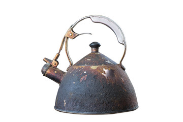 Dirty old kettle in fat and scale isolated on a white background. Cleaner stain