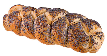 Braided bread with poppy seeds isolated on a white background. Top view