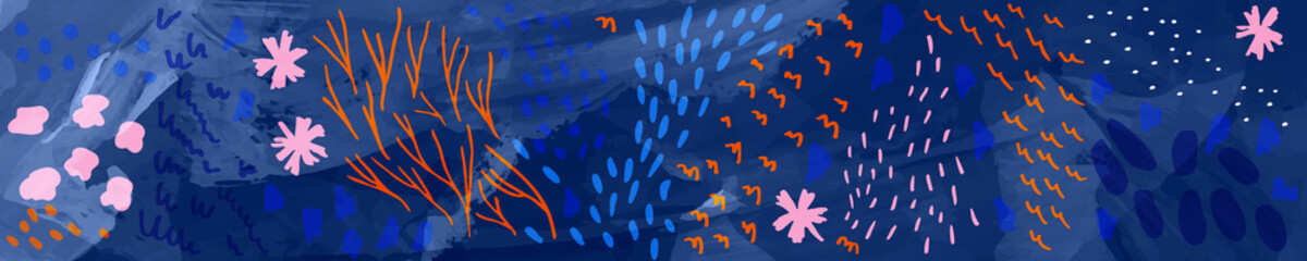 Vector abstract nature background with doodles, flowers, leaves, crosses, dots and scribbles. Romantic pattern, hand drawn with markers for invitations, poster, design postcard or web page header.