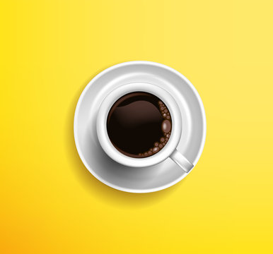 Classic White Cup Of Coffee Americano On A Yellow Background. View From Above
