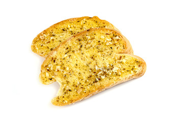 Bitten Garlic Bread with Cheese isolated on white background