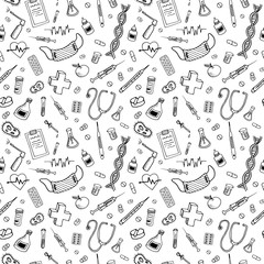 Medical doodle pattern. Healhtcare and pharmacy hand drawn objects, symbols and items on transparent backdrop. Seamless vector background.