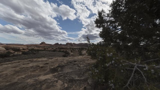 An ultra-wide tracking timelapse of clouds flowing over Wooden Shoe Rock and the distant Abajo Mountains. The camera moves past foreground vegetation and pans left to reveal a vast expanse of rock 