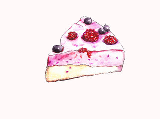 pink delicious and sweet slice of dessert with raspberries and blueberries