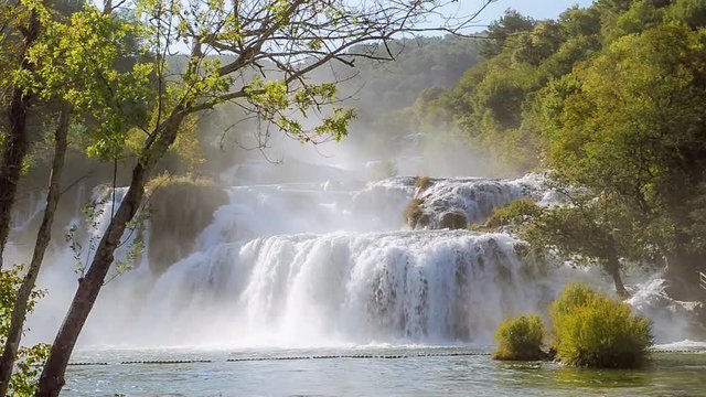 Skradinski buk waterfall in sun beams. Famous national park of Croatia