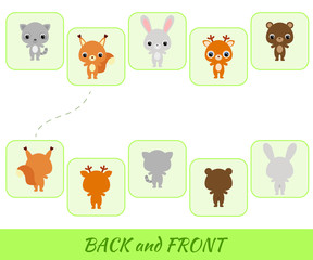 Matching educational game for children. Find the back and front cartoon animals. Educational activity for preschool years kids and toddlers with cute animals. Flat vector stock illustration.