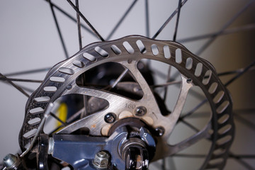 Fototapeta na wymiar Bicycle disc brake .Rear disc brake on mountain bike . Visit my portfolio to see other photos of bicycle parts