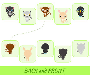 Matching educational game for children. Find the back and front cartoon animals. Educational activity for preschool years kids and toddlers with cute animals. Flat vector stock illustration.