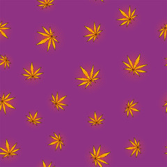 yellow glowing cannabis leaves with dots pop art on purple background ringless pattern