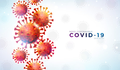 Covid-19. Coronavirus Outbreak Design with Falling Virus Cell and Typography Letter on Light Background. Vector 2019-ncov Corona Virus Illustration on Dangerous SARS Epidemic Theme for Banner.