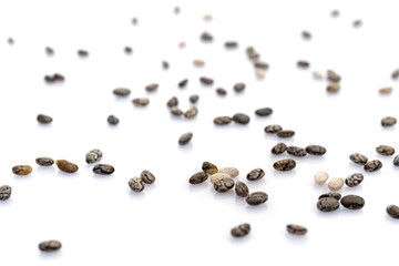 Grains Chia organic seeds isolated on white. Pile healthy food background. Clean-eating food with antioxidant, omega-3, protein and copy space.
