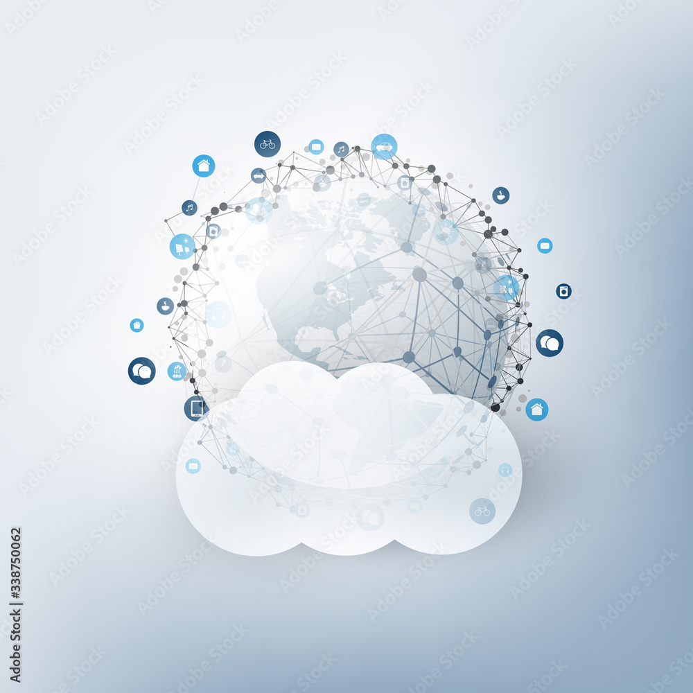 Poster cloud computing design concept - digital connections, technology background with earth globe and geo