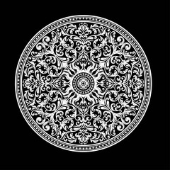 Elegant Mandala Design Vintage Vector Illustration, Round Ornament Pattern White Mandala on Black Background