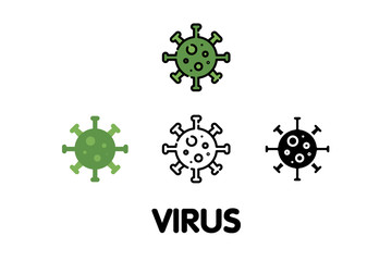 Virus icon 4 style included outline , flat, color line and solid icon on withe background, Bacteria symbol