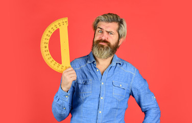 start the brain engine. bearded tutor man with ruler. draw and measure. back to school. favorite...