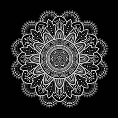 White Floral Mandala Pattern Vector on Black Background, flower texture ornament, vintage elegant Vector Illustration