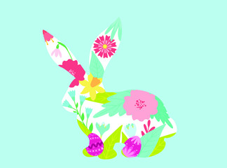 Vector spring background, flowers, plants, rabbit, hare.