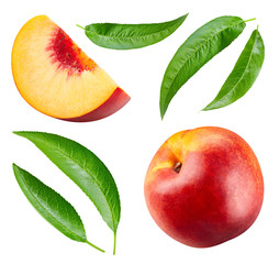 Peach collection. Ripe peach fruit and slice with leaf isolated on white background. Fresh organic fruit.