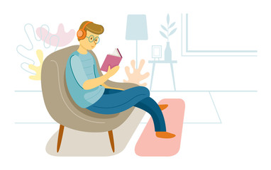 Fototapeta na wymiar Stay at Home, Man Sitting on Sofa Listening Music and Reading Book, Quarantine, Relax