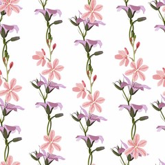 Seamless pattern with stylized bright summer wild garden flowers. Endless vertical texture. Pink and violet meadow flowers.