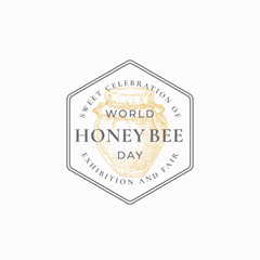 World Honey Bee Day Badge or Logo Template. Hand Drawn Pot or Jar Sketch with Retro Typography and Borders. Vintage Premium Holiday Celebration Emblem in a Comb Shaped Frame.