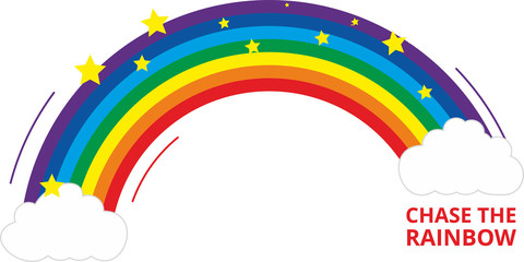 Chase the raimbow. Bright rainbow with clouds and stars. Hope for healthy life. Vector, Illustration.