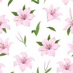 Fototapeta na wymiar Hand-drawn botanical flowers. Pink lilies flowers. Vector floral seamless pattern on a white background.