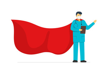 Super hero male doctor in protection face mask wearing red superhero cloak isolated on white background. Flat vector cartoon character man of heroic hard work medical profession illustration