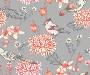 Vintage seamless pattern with flowers and little birds