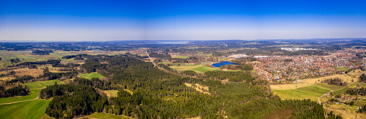 Penzberg city in bavaria. Aerial Panorama. Starnbergersee Lake. Alps with look at Herzogstand,...
