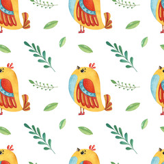 Obraz premium Watercolor seamless pattern with birds and leaves. Cute hand-drawn illustration for textile, scrapbooking, nursery, kids wrapping, poster, print and child decor.