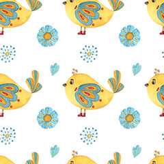 Watercolor seamless pattern with birds and flowers. Cute hand-drawn illustration for textile, scrapbooking, nursery, kids wrapping, poster, print and child decor.