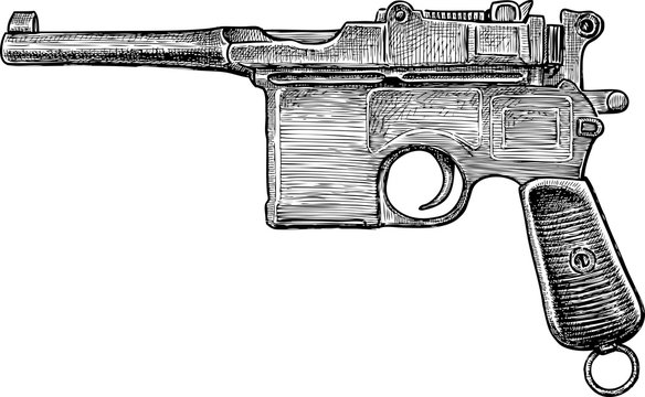 Hand drawing Mauser pistol of 1908 year